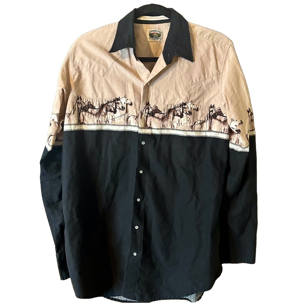 Panhandle Vintage-Inspired Black and Beige Button-Down Western Shirt